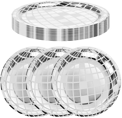 Wanmu 25Pcs Disco Paper Plates Silver Foil, Disposable Disco Ball Plates for 70s, Disco Bachelor Party Wedding Birthday Plates, Paper Tableware for Rock Roll Dance Music Party Supplies