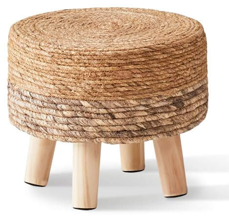 Wimarsbon Round Foot Stool Natural Seagrass Poufs Ottoman Hand Weave Footrest Stool for Couch Desk Extra Seat Step Stool with Solid Wood Legs for Hallway Patio Lounge Brown