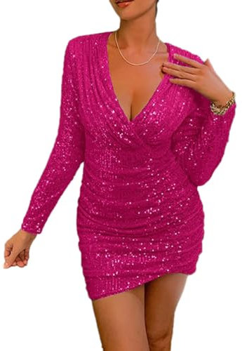 Onsoyours Robe Paillettes Femme Manches Longues Moulante Mini Robe de Soiré Cocktail Sexy Bodycon Brillant Robe Courte A Rosé Rouge M