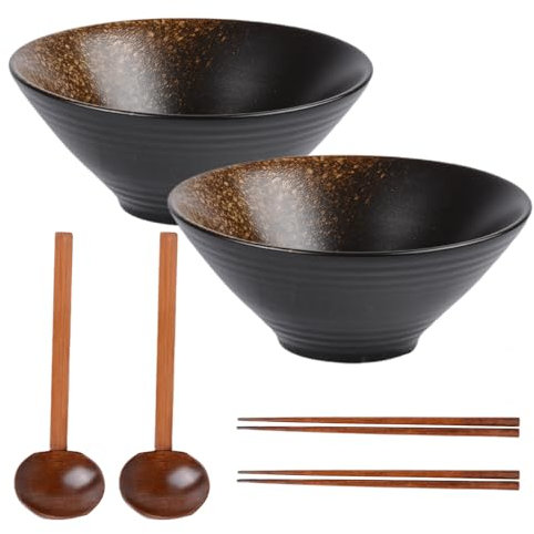Aegistus 2pcs Ramen Soup Bowls 2pair Chopsticks & 2pcs Wooden Spoon, Brown Large 700ml 7 inch Piece Large Japanese & Chinese Noodle Bowls,Microwavable, Dishwash, Pho, Udon, Pasta & Salad