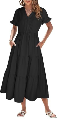 Theenkoln Sommerkleid Damen Lang V-Ausschnitt Kurzarm Strandkleid Einfarbig Rüschen Midikleid Freizeitkleider mit Taschen Schwarz L