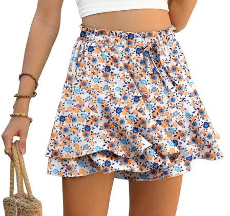 PrinStory Ruffles Shorts For Women High Waist Flowy Shorts Drawstring Skort Casual Summer Skort Wide Leg Culottes (White Primrose, 2XL)