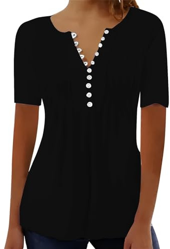 Cocila T Shirts Ample à Manches Courtes pour Femmes DéContracté Plissé Col Rond Bouton Ouvert Haut Chemises Western pour Femmes Grande Taille Long Tee Shirts Femme Chemisier Transparent Femme
