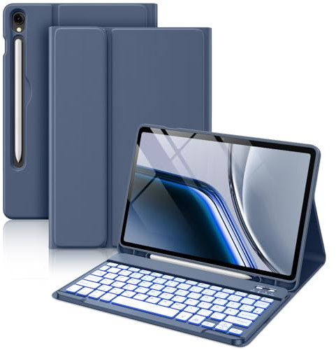 Vobafe Tastatur Hülle für Samsung Galaxy Tab S10 FE 10.9 Zoll/S9 FE 10.9 Zoll/S9 11 Zoll, 7-Farben Beleuchtung Keyboard Cover mit Stifthalter & Schnellladung, QWERTZ-Layout, Blaugrau