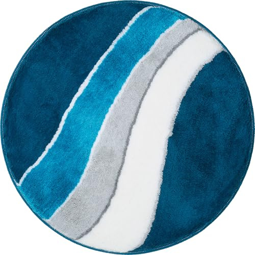 Erwin Müller Badematte Veria mit Wellenmuster Petrol-Creme Größe rund: 80 cm Ø - flauschig weicher Flor, Untersete rutschhemmend, für Fußbodenheizung geeignet
