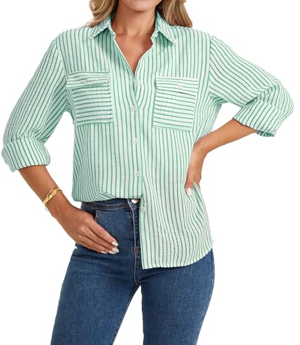 Enmain Womens Striped Shirt Button Down Long Sleeve Green Linen Shirts for Women Casual Summer V Neck Blouse Tops with Pockets XXL