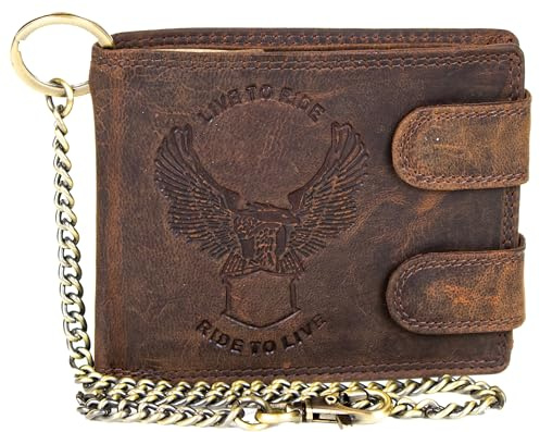 MDM Portafoglio da motociclista, da uomo, in vera pelle, con catena e aquila, con protezione RFID, marrone, 10.0 X 12.5 X 2.5 Centimeters, Biker