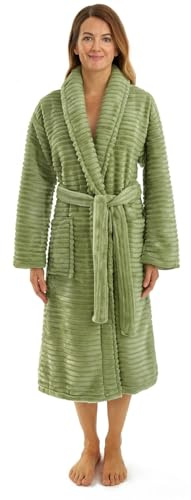 Adore Home Ladies Sherpa Lined Ribbed Fleece Robe | Ribbed fleece outer with soft sherpa lining, hood, tie belt and pockets for extra warmth at home