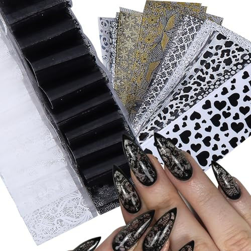 Zosutetoxo Stickers, 50 Stück Nagelschablonen & Transferfolie Nägel, Stamping Schablonen Für Nägel Mit Schwarz Weiß Blumen Spitze Nail Foil