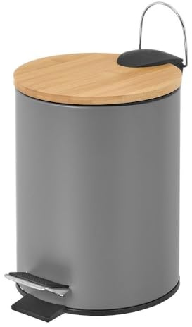 Papelera de baño de Pedal Gris Mate Redonda de 5 litros con Tapa de bambú | Cuerpo de metal antihuellas. Cubo interior extraíble de propileno negro con asa. Ideal para baños y habitaciones pequeñas