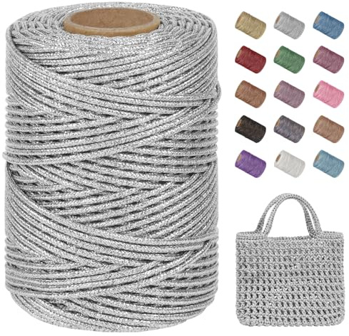 Uiopa Cordino Metallico per Borse Uncinetto, 2mm x 100m Filo Uncinetto Glitter in Poliestere, Filo Macrame Cordoncino per Borse, Cestini, Decorazioni, Artigianato (Argento)