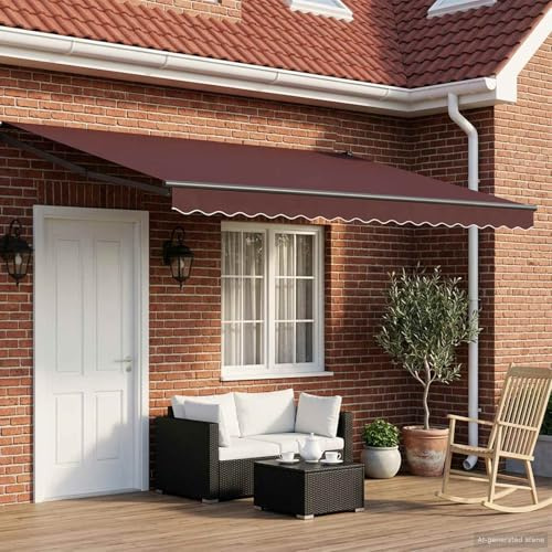 Xuvaracle Tenda da sole manuale con braccio articolato con LED, per terrazza e balcone, tessuto in poliestere resistente alle intemperie, 5 x 3 metri, marrone antracite, protezione da sole e pioggia