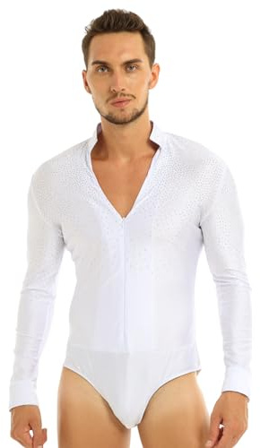 MSemis Herren Langarm Body Latein Hemd Jazz Tango Glitzer Shiny Tanz Kostüm Freizeit Hemd mit Reißverschluss Stretch Bodysuit Turnanzug Weiß XL