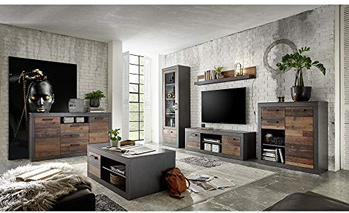 Komplett Set Wohnwand mit Sideboard und Couchtisch im Industrial-Design BERLIN-61 in Old Mix Dekor mit Matera grau,Vitrine inkl. LED, Kommode mit 2 Schubkästen