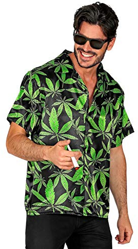 Herren Satin Hawaii-Hemd mit Cannabis Druck Hanf The Ganja Style Beach-Party Kurzarm JGA Junggesellenabschied