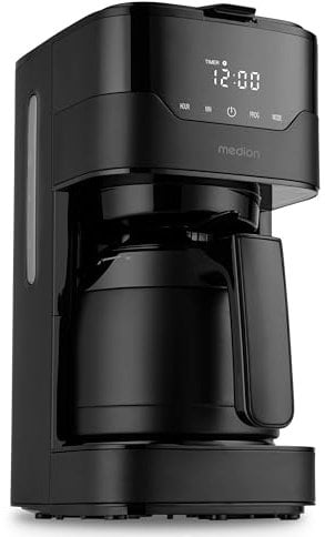 MEDION Cafetière avec verseuse isotherme et minuteur (filtre, 8 tasses, 1,2 L, 900 W, 3 niveaux, maintien au chaud, minuterie, anti-goutte, affichage, MD18458), noir mat
