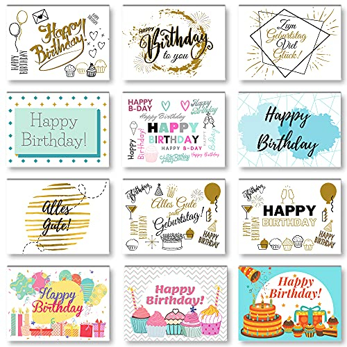 Domelo Geburtstagskarten 12er Set mit Umschlag, Happy Birthday Postkarten, Kraftpapier Karten zum Geburtstag, Geburtstagskarte für Mann/Frau/Kinder, Postkarte als Grußkarten, (Set 1)