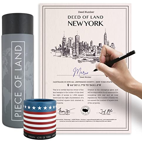 happylandgifts® Véritable parcelle de Terre- New York | Cadeau Unique pour la Famille et Les Amis | Certificat de propriété foncière personnalisé