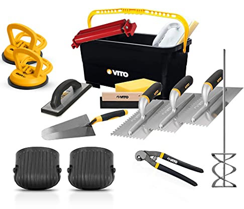 VITO Fliesenleger Set Waschset Profi Werkzeugset 16-tlg 23L Eimer, 3 Zahnglättekellen Edelstahl, 2x Saugheber, Fliesenleger Knieschoner, 1x Papageienzange, 1x 120mm Wendelrührer