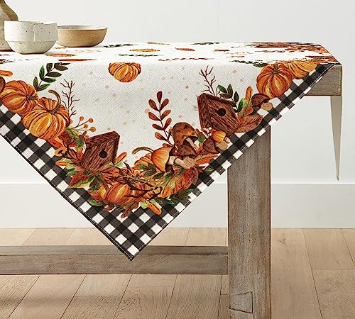 Artoid Mode Büffelkaro Kürbisse Pilze Vogelhaus Herbst Tischdecke, Saisonnal Tischwäsche Küche Tisch Dekoration Drinnen Urlaub Party Dekor 85x85 cm