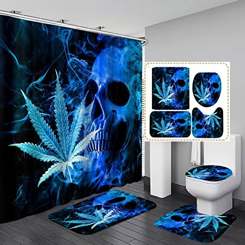 Jayden Madge – Lot de 4 rideaux de douche motif tête de mort bleu, hippie psychédélique effrayant, squelette de fumage, marijuana Ganja Weed 420, décoration de salle de bain, tapis de bain, tapis de