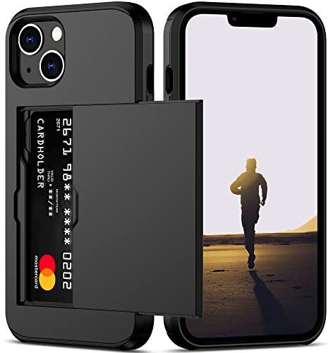 Nvollnoe for iPhone 13 Case with Card Holder Heavy Duty Protective Dual Layer Shockproof Hidden Card Slot Slim Wallet Case for iPhone 13 for Women&Men(Black)