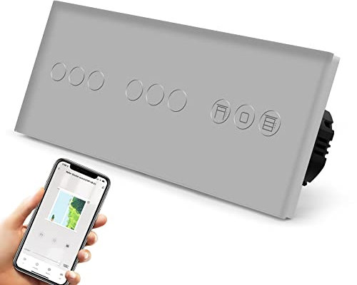 BSEED Interrupteur Tactile Wi-Fi Intelligent 3 Gang 1 Way avec Interupteur Volet Roulant, Interrupteur Mural en Verre, Compatible avec Alexa/Google, Gris