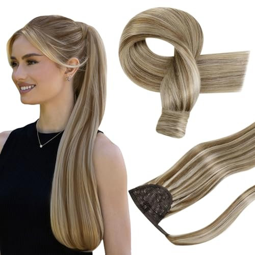 Hetto Extensions Echthaar Zopf Braun Extensions Zopf mit Clip Highlights Ash Blond Gerade Remy Vollkopf Natürliche Invisible Haarverlängerung 80g 50 cm #10/613