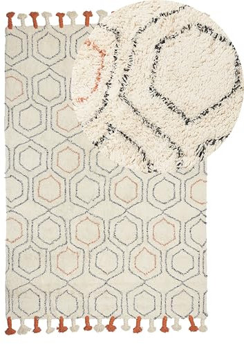 Beliani Teppich Baumwolle beige geometrisches Muster mit Quasten 140 x 200 cm Hajipur