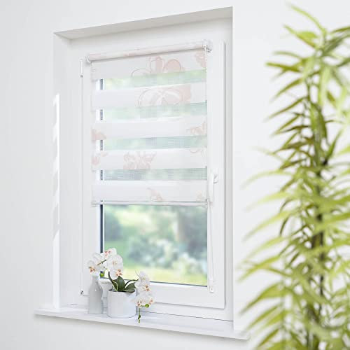 Klemmfix- Duorollo/Doppelrollo Druckmotiv: Blüte mit verstellbaren Klemmträgern, lichtdurchlässig, Blickdicht, Montage ohne Bohren, Breite: 80 cm/Länge: 150 cm