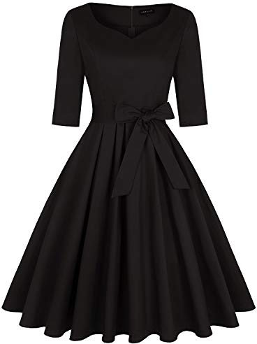 MINTLIMIT 1950's Sweetheart Vintage Retro Solid Rockabilly Swing Dress for Women with Pockets (Blacks)