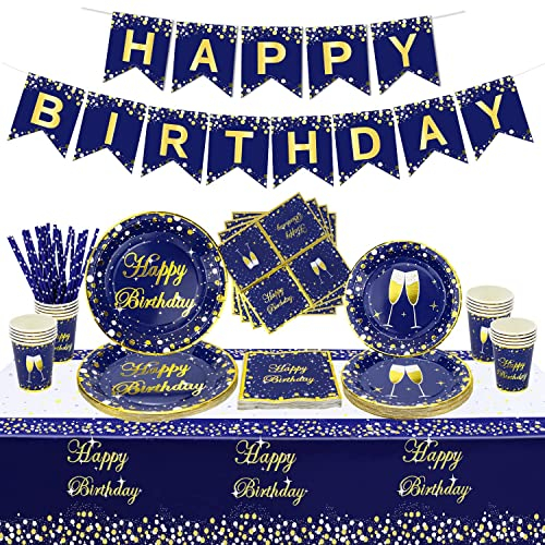 XJLANTTE 107 PCS Fournitures de Fête Bleu et Or -Bannière d'anniversaire, assiettes d'anniversaire bleues et nappe pour baby shower, décorations de fête de mariage, servir 20 invités, Blue Gold-s