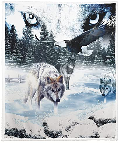 Violetpos Warm Sherpa Sofaüberwurf Decke 130x150 cm Dicke Kuscheldecken Sanft Flanell Weich Fleecedecke Bettüberwurf Schneewald Wölfe Adler