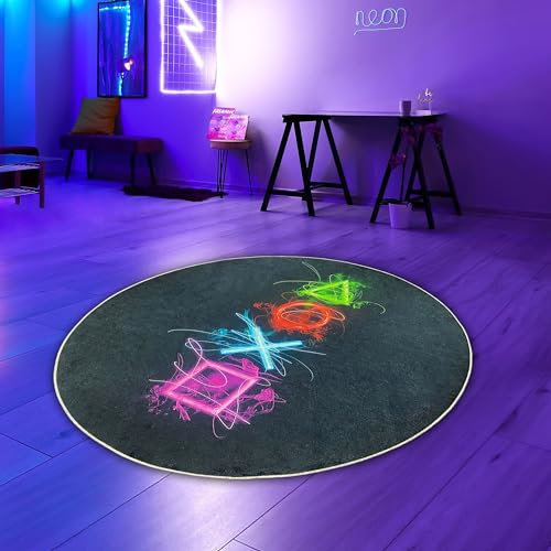 Teppich-Traum Gaming Teppich rund fesselnd auffällig Bunte neonfarbige Symbolen schwarzer Hintergrund 200 cm Rund