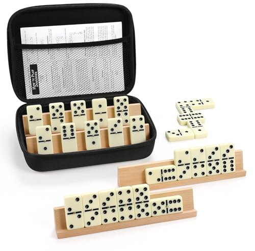 Jumbo Dominos Set for Adults with 4 Wooden Racks/Trays, Double 6 Dominoes Travel Set with Portable Case Double Six Dominoes Set with 4 Tiles Holders, 28 Tiles Dominos Set for Family Board Games