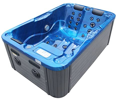 Sanotechnik Outdoor Whirlpool Modena blu – con copertura – Dimensioni 205 x 130 x 70 cm, 35 ugelli massaggianti, illuminazione a LED, radio, altoparlante, Bluetooth, SPA Whirlpool per 3 persone