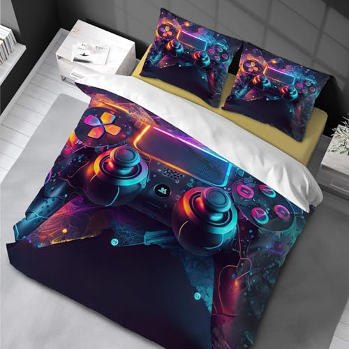 Chenbing Art Parure De Lit 90x190cm Housse De Couette Et Taie d'oreiller 80x80cm pour Enfants Adolescents 3D Console De Jeu Boutons d'action Gamer Console Manette Motif Sets De Housses De Couettes