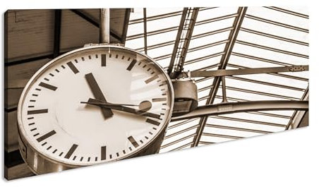 große Uhr am Bahnhof Panorama 80x40 cm Effekt:Sepia als Leinwandbild, Motiv fertig gerahmt auf Echtholzrahmen, Hochwertiger Digitaldruck mit Rahmen