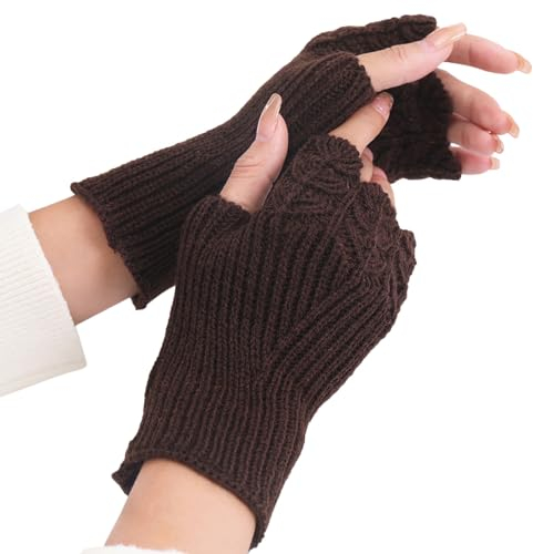 Damen Fingerlose Handschuhe Warmer Ohne Finger Strickhandschuhe Winter Pulswärmer Armstulpen Kurzer Halbfinger Winterhandschuhe Gestrickte Handwärmer Stulpen Handstulpen Fäustlinge (Kaffee, onesize)