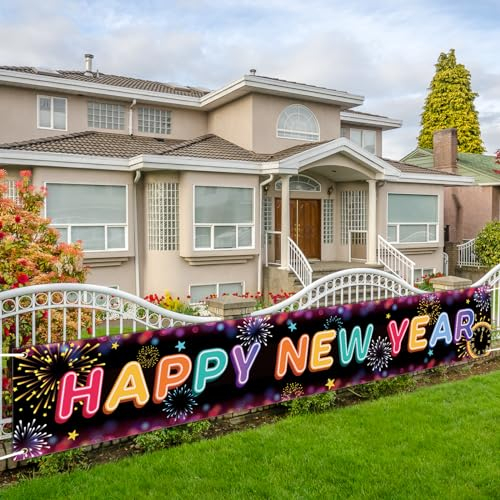 LOHAME 2024 Neujahr Banner 300x50cm Happy New Year Banner Silvester Deko Extra Lange bunte Frohes Neues Jahr Banner Partybanner Hängedekoration für Silvesterpartydeko Outdoor Indoor Garten