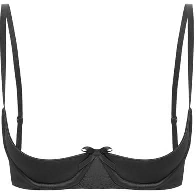 FEESHOW Women Sexy 1/4 Cup Bra Push Up Bralette Underwire Satin Bra Open Breast Brassiere Underwear Black M