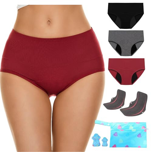 Bragas Menstruales Flujo Abundante, Pack de Periodo Menstrual, Bragas Postparto Mujer, Absorbentes, Lavables, Cómodas y Transpirables, Pack de 3 Bragas menstruales 2 compresas y bolso (S)