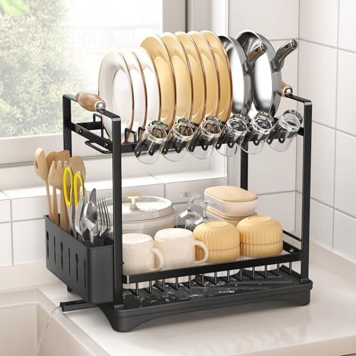 SAYZH Escurridor de Platos, Escurreplatos de 2 Niveles para Encimera de Cocina, Escurridor de Fregadero Gran Capacidad con Soporte para Utensilios, Negro
