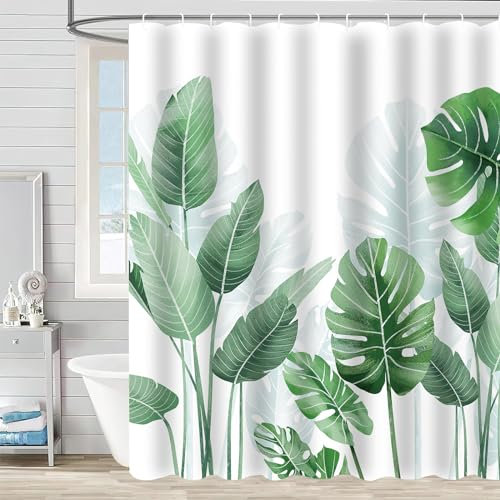APOMOONS Shower Curtain Set - Mould Proof Resistant 180 x 180 cm (71x 71 Inch), Bathroom Curtains Nature Green Leaves with 12 Hooks