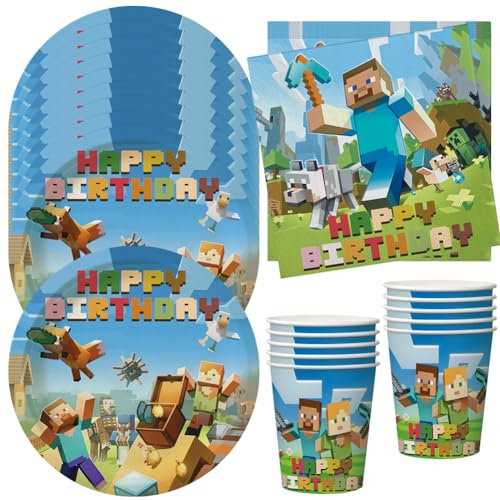 HGSHUO Gioco di stoviglie per feste di compleanno per bambini, decorazione di compleanno, per feste, videogiochi, bicchieri di carta, tovaglioli Happy Birthday