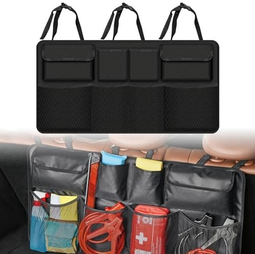 Organizador Maletero Coche, con 8 Bolsillos, Bolsa Maletero Coche Tela Oxford Impermeable, con 3 Correas Ajustables, Organizador Coche Maletero Plegable, Organizador Coche Asiento