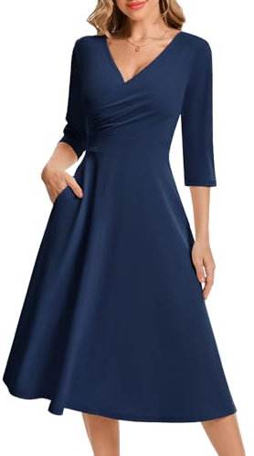 Bbonlinedress Vestido de Cóctel Fiesta Midi para Mujer Vestido Formal para Invitada de Boda Cuello en V Longitud del Té con Manga 3/4 Navy L