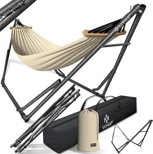KESSER® Hamac Vill avec armature en métal pliable réglable Cadre stable pour l'intérieur et l'extérieur avec sac de transport + sac de transport pour camping, jardin, piscine, balcon, terrasse, beige