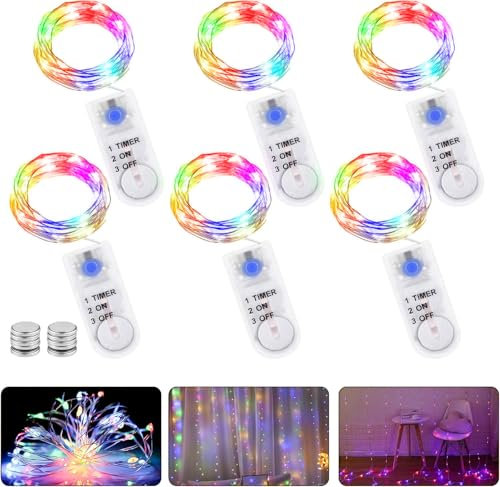 LED Lichterkette Batterie mit Timer, 6 Stk 2M 20LED Micro Batterie-betrieben Kupfer Drahtlichterkette Weihnachtsbeleuchtung für Zimmer, Innen, Weihnachten, Außen, Party, Hochzeit, DIY