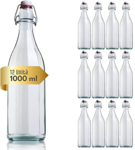 acquaverde | 12 Bottiglie in Vetro Costolata per Acqua - 1 Litro, Bevande e Liquori, Design Vintage, Bottiglia Trasparente con Tappo Meccanico Ermetico Incluso